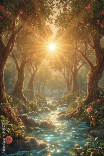Enchanted Forest Stream: An immersive digital painting of a sun-drenched forest scene. The vibrant, sunlit environment showcases a babbling stream that adds life to the scene.