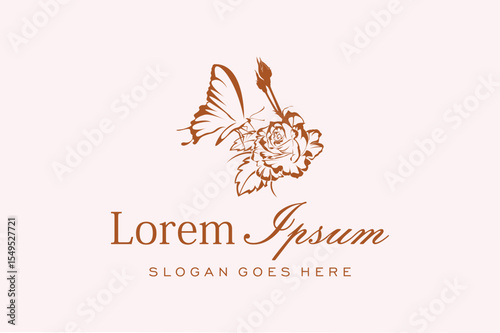Natural beauty salon with fresh charming rose flower butterfly symbol, illustration design logo