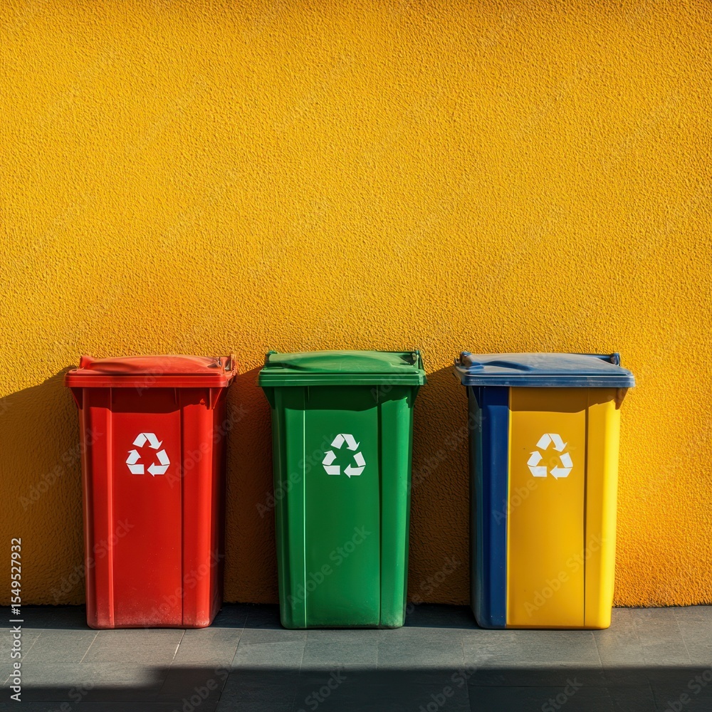 Three colored recycling bins against a bright yellow wall Three colored recycling bins against a bright yellow wall