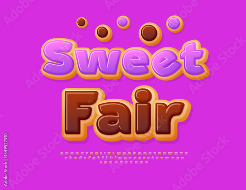 Vector Tasty concept Sweet Fair. Cute Children Font. Donut style Alphabet Letters and Numbers set.