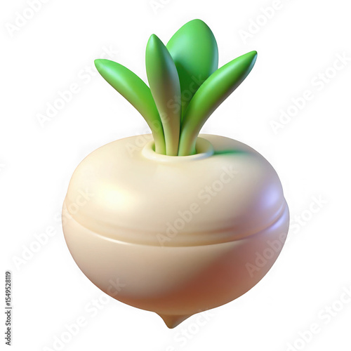 3d render of a stylized white turnip vegetable with green leaves isolated on transparent background