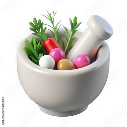 3d render of herbal remedies and pills in a mortar isolated on transparent background