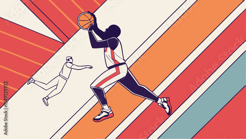 Basketball Player in MidAir with Ball Opponent Reaching.