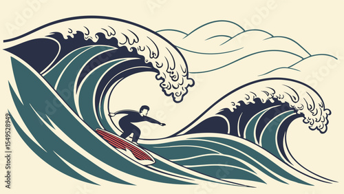 Surfer Riding Massive Ocean Waves Stylized Art.