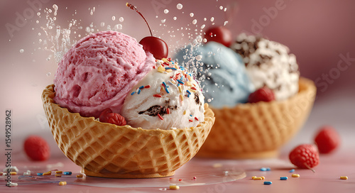 Celebration of national ice cream day with delicious ice creams and toppings