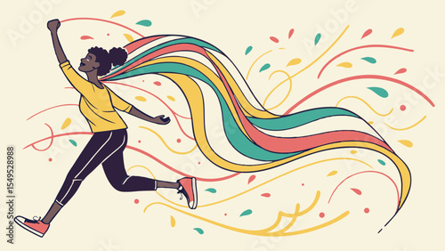 Joyful Black Woman Running with Colorful Abstract Streamers.