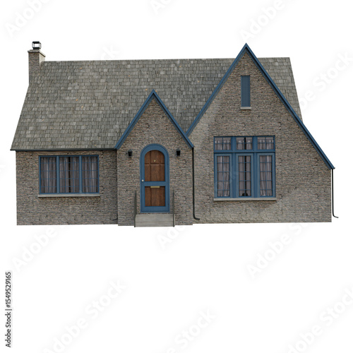 Bilde på lerret 3D rendered charming brick cottage with steep roof and arched doorway, isolated