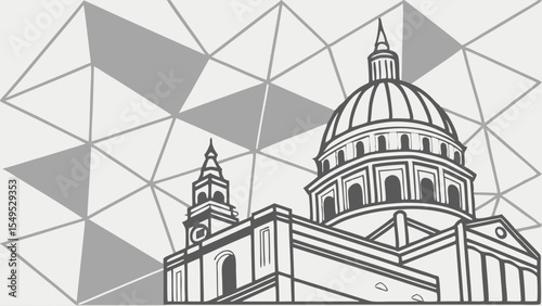 Architectural Line Drawing of a Grand Cathedral with Dome and Bell Tower.