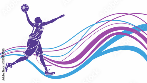 Basketball Player Silhouette with Abstract Purple and Blue Waves.
