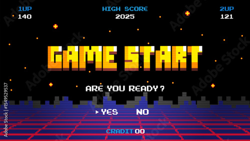 Game start.pixel art .8 bit game.retro game. for game assets in vector illustrations.Retro Futurism Sci-Fi Background. glowing neon grid.and stars from vintage arcade comp	