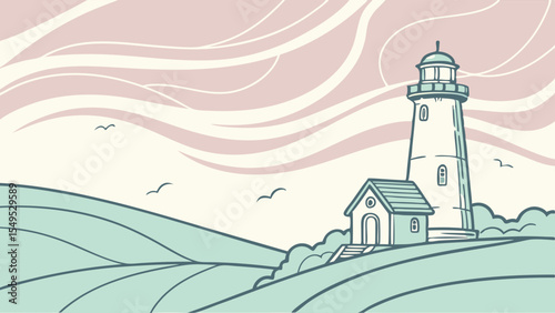 Coastal Landscape with Lighthouse and Cottage.