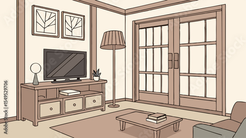 Cartoon Living Room Interior with TV Lamp and Sliding Doors.