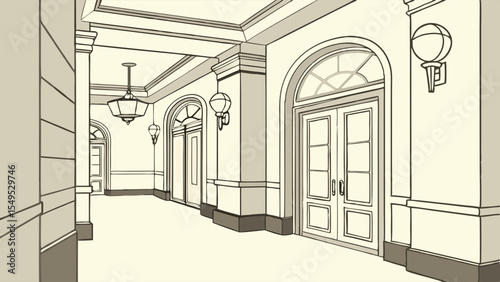 Elegant Hallway Interior Architectural Sketch with Double Doors and Lighting Fixtures.