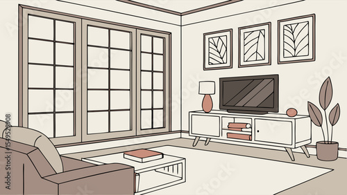 Illustrated living room interior with furniture decor and natural light.