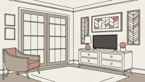 MidCentury Modern Living Room Interior Design Sketch.