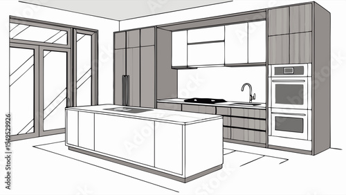 Modern Kitchen Design Sketch Island Cabinets and Appliances.