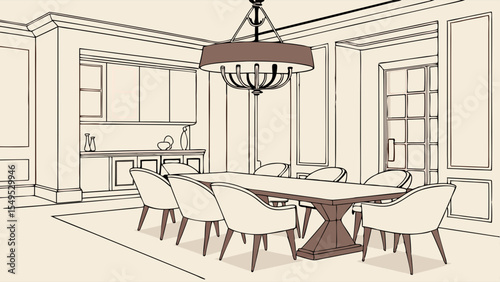 Dining room interior sketch with table chairs chandelier and builtin cabinets.