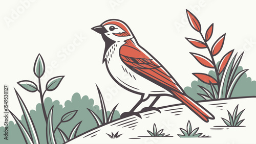 Stylized Illustration of a Sparrow Perched Among Grass and Foliage.