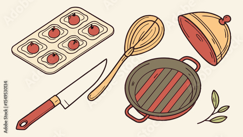Culinary Illustration Tomatoes Pan Knife Spoon and Dome Lid.