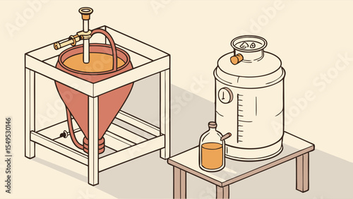 Isometric Illustration of Brewing Equipment Conical Fermenter and Serving Tank.