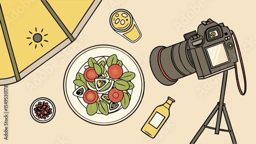Food Photography Setup with Salad and Camera.