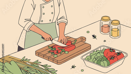 Chef Preparing Fresh Vegetables on a Wooden Cutting Board.