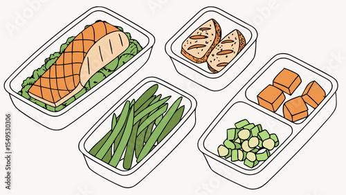 Illustrated Bento Box with Salmon Bread and Vegetables.