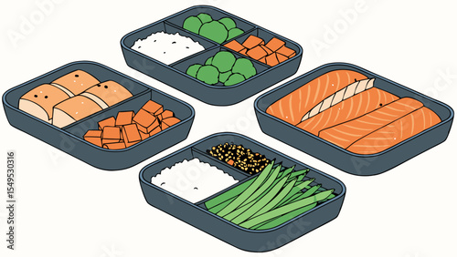 Four Compartment Bento Boxes with Salmon Rice Vegetables and Tofu.