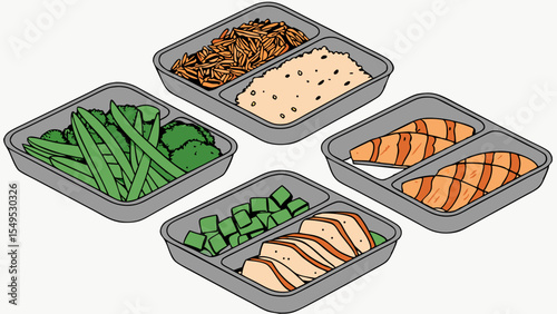Illustrated Meal Prep Containers with Various Healthy Food Items.