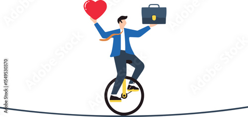Work-Life Balance on Tightrope, Balancing Career and Personal Life, Business Professional Managing Demands, Harmony Between Job and Well-being, Achieving Equilibrium, Prioritizing Happiness.