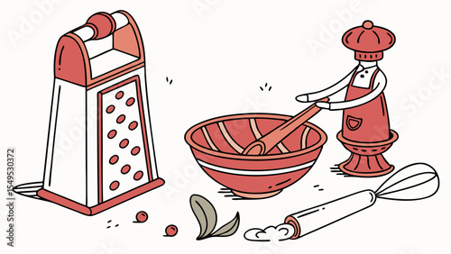 Illustrated Kitchen Utensils and Ingredients for Culinary Preparation.