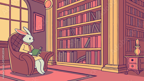 A curious rabbit reads a book inside a cozy home library with a window and a full bookshelf