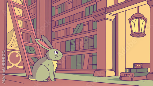 A cute cartoon Easter bunny with a basket of eggs and a bouquet of flowers hops happily in the spring garden