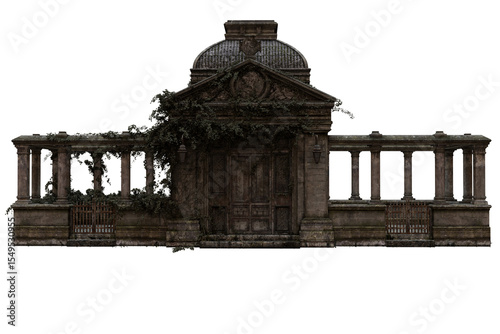 Photos 3D rendered overgrown stone mausoleum with classical dome and pillars, isolated