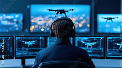 A person wearing headphones monitors drone flights on multiple computer screens in a dark room with city lights in the background.