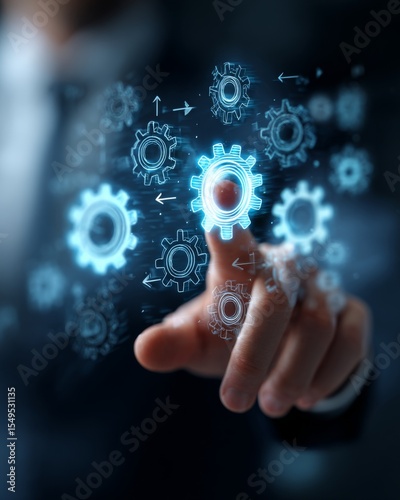 A manager’s finger activates workflow automation on a digital interface, symbolizing efficiency and streamlined operations.