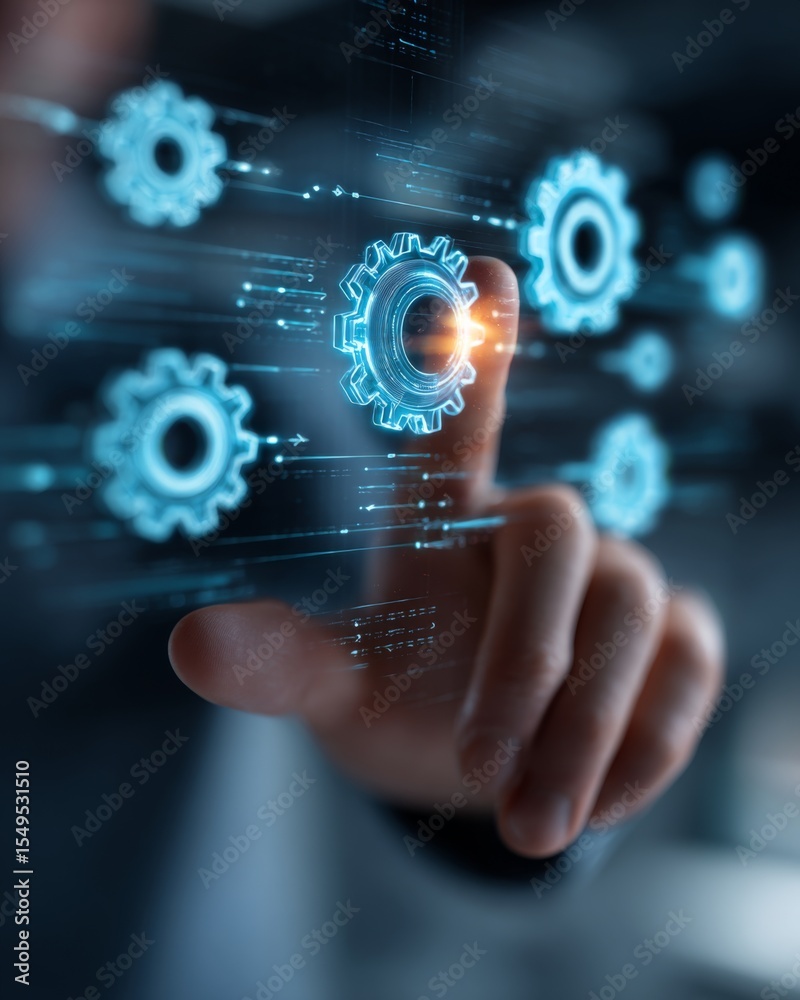 Obraz premium A manager’s finger activates workflow automation on a digital interface, symbolizing efficiency and streamlined operations.