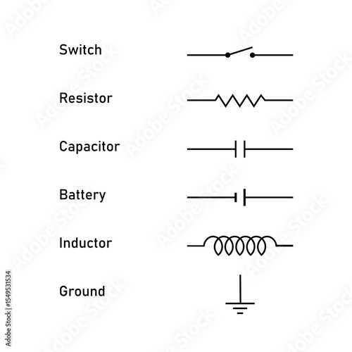 Electric Circuit Symbols. Switch, Resistor, Capacitor, Inductor, Battery and Ground Symbol.