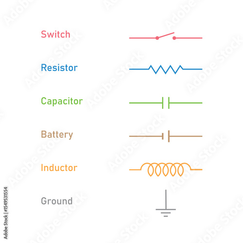 Electric Circuit Symbols. Switch, Resistor, Capacitor, Inductor, Battery and Ground Symbol.