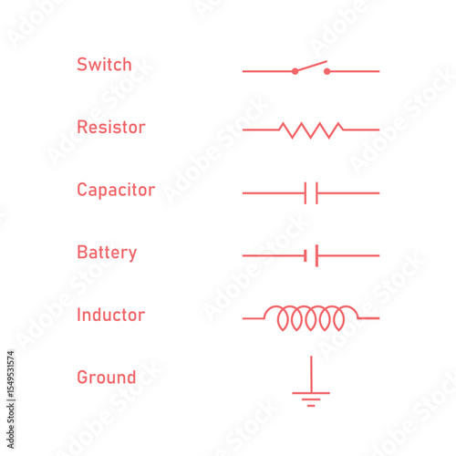 Electric Circuit Symbols. Switch, Resistor, Capacitor, Inductor, Battery and Ground Symbol.