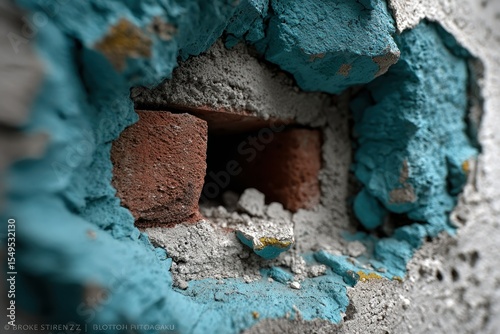 Close-up of a weathered, textured wall with a brick hole