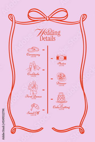 Whimsical wedding timeline with doodle linear icons for dinner, first dance, cake cutting. Romantic clean vector illustration for printable signs, evening ceremony programs.