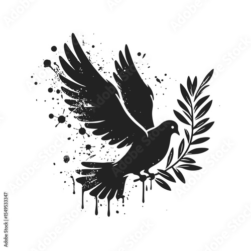 Pigeon olive branch Silhouette Grunge Splatter and Dripping Spray Effects