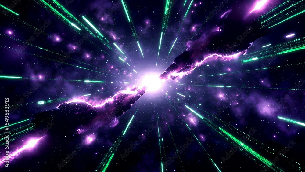 Fototapeta premium A vivid cosmic scene depicting a bright explosion or energy burst in space with radiant beams and colorful nebulae in purple and green hues.