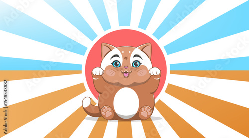 Vector cute cartoon plump light brown funny sitting cat with raised front paws in rays. Chubby toon contented smiling kitten. Cuddly domestic kitty. Whiskers puss