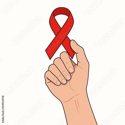 Hand Holding Red Ribbon, National HIV-AIDS Campaign, Aging Awareness Month, White Background, Graphic Representation of Support