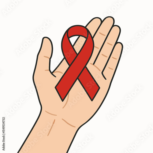 Red Ribbon Symbolism on a Hand Against a White Background, Promoting Aging Awareness and Support