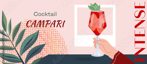 Vector banner with Negroni cocktail with of sweet red vermouth, Campari and soda water. Hand holding summer alcoholic drink Flat design with tropical leaves for print, bar promotion, party invitation