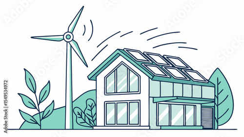 EcoFriendly House with Solar Panels and Wind Turbine.