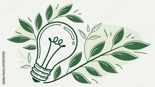 Green Lightbulb with Lush Foliage Illustration.
